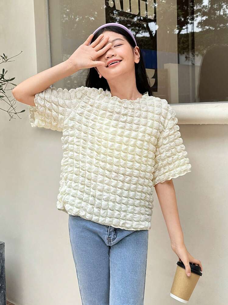 Camicia a quadri a maniche corte e casual alla moda per ragazze con collo a giro e texture bubbolosi - Beige - Visualizzare 1