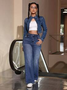 SHEIN EZwear 女士純色鈕扣前休閒長袖牛仔夾克 - 藍色 - 查看 5