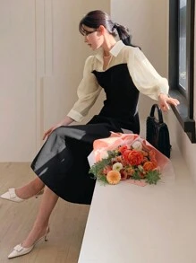 DAZY 女士领口拼色泡泡袖衬衫裙、秋季连衣裙、长袖连衣裙 - 黑色 - 查看 1