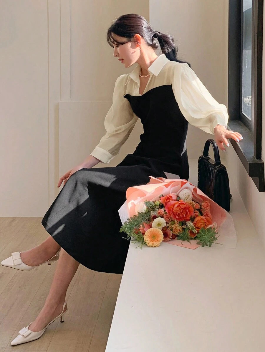 DAZY 女士领口拼色泡泡袖衬衫裙、秋季连衣裙、长袖连衣裙 - 黑色 - 查看 1