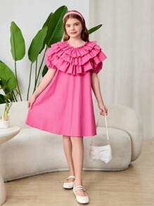 SHEIN Tween Girl Loose Vintage Layered Ruffle Collar Puff Sleeve Solid Color Midi Dress