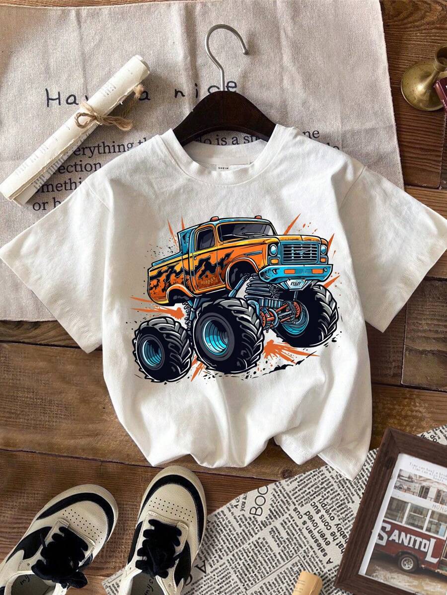 SHEIN T-shirt col rond à manches courtes avec imprimé voiture et monster truck, style décontracté et simple, adapté aux jeunes garçons pour l'été