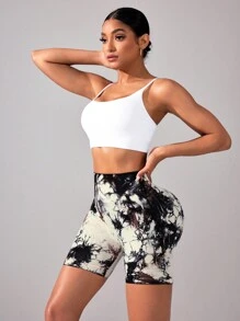 SHEIN Sports H819 Black White Brown Tie-Dye Seamless Sports Shorts - Multicolor - View 5