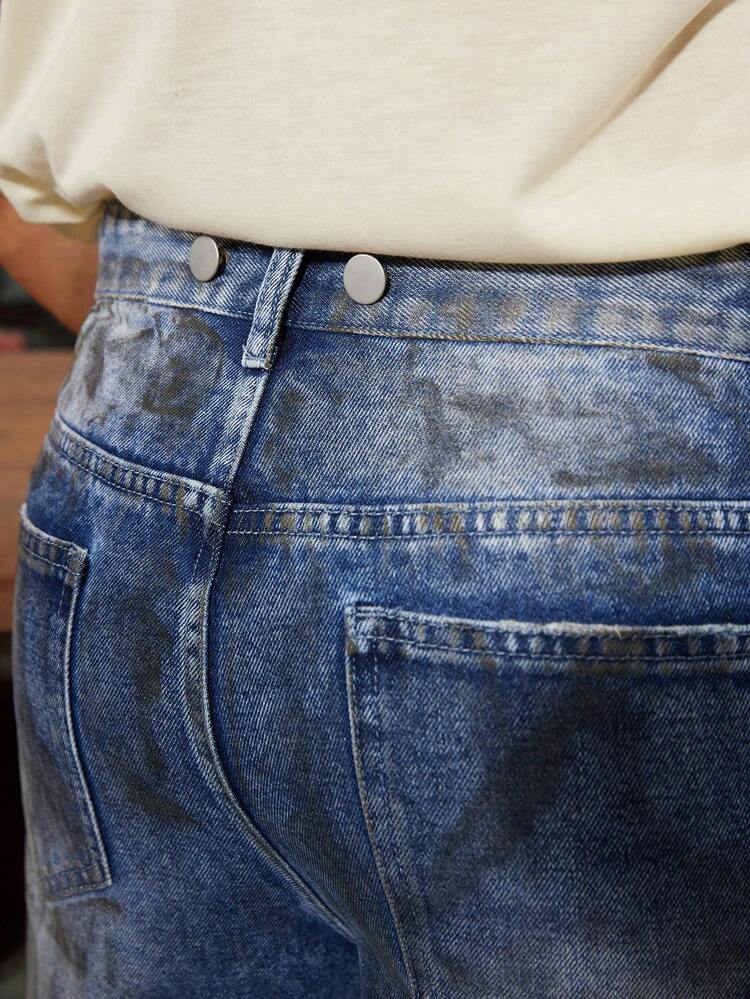 Men's Vintage Deep Blue Denim Workwear Pants With American Casual Style, Dirty And Grungy, Loose Fit, Straight Leg Lumberjack Pants