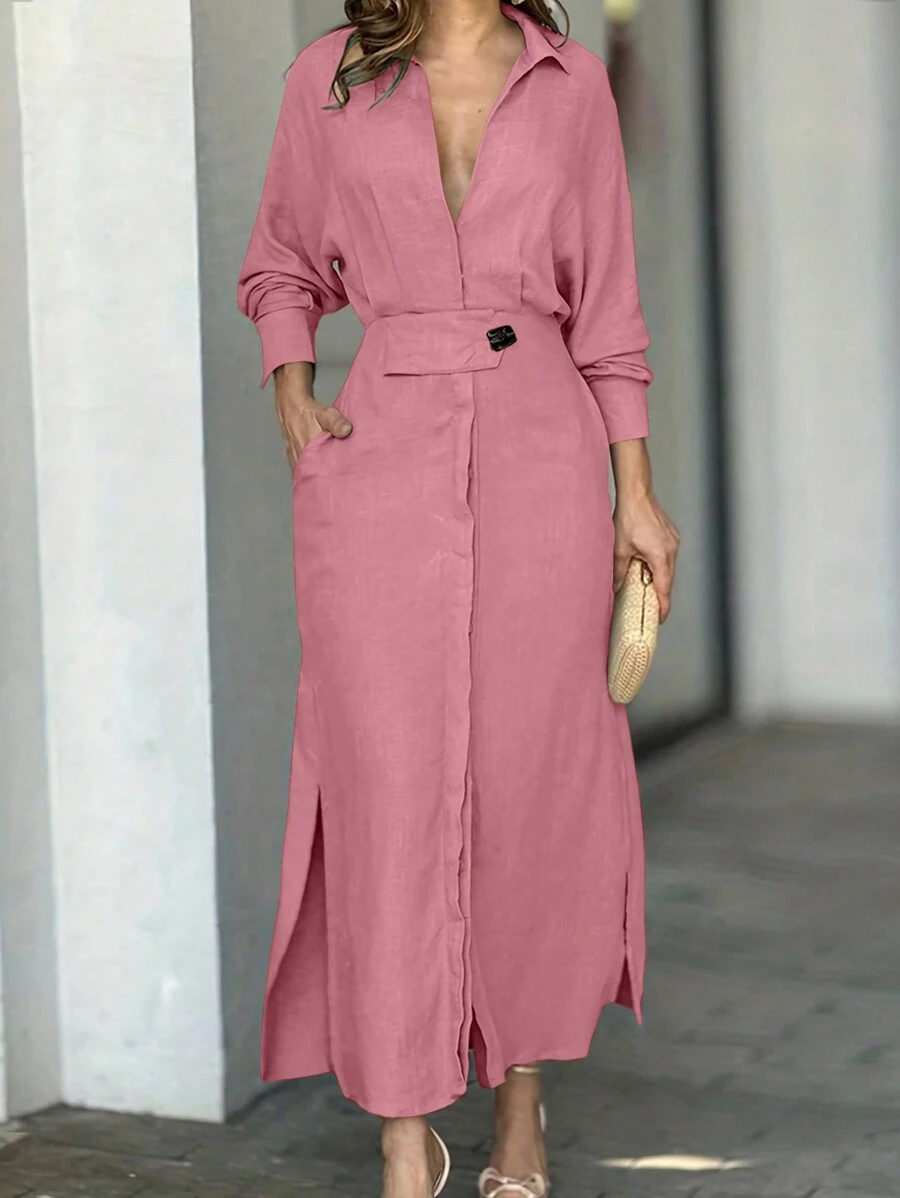 Chiquease 女士夏季休闲长袖日常连衣裙长款女装 - 淺粉色 - 查看 1