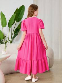 Vestido elegante para niña preadolescente con mangas cortas plisadas, de unicolor y cuello redondo, para primavera y verano - Morado - Ver 2