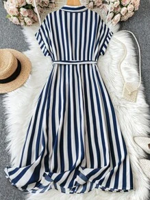 SHEIN LUNE Plus Size Women's Summer Striped Batwing Sleeve Casual Shirt Dress - Multicolor - View 2