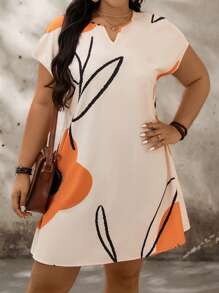 SHEIN LUNE Plus Size Floral Notch V-Neck Batwing Sleeve Summer Dress - Apricot - View 6