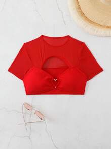 Swim EVENT Ladies' Simple Solid Color Short Sleeve Swimwear Top - Red - View 3