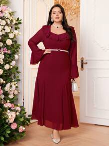 Modelyn Burgundy Red Plus Size Women's Solid Color Splice Ruffle Trim Flare Sleeve Long Elegant Arabic Clothing Long Evening Dresses - Burgundy - View 5