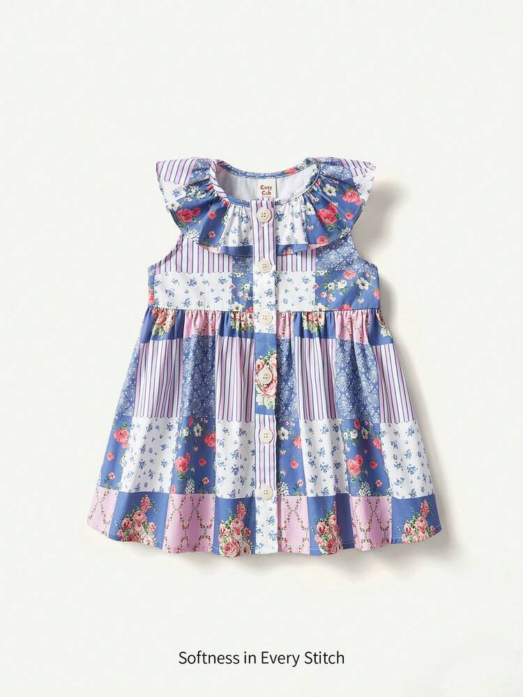 Baby Girl Casual Colorful Floral Pattern Round Neck Ruffle Trim Pullover Waist-Tied Dress