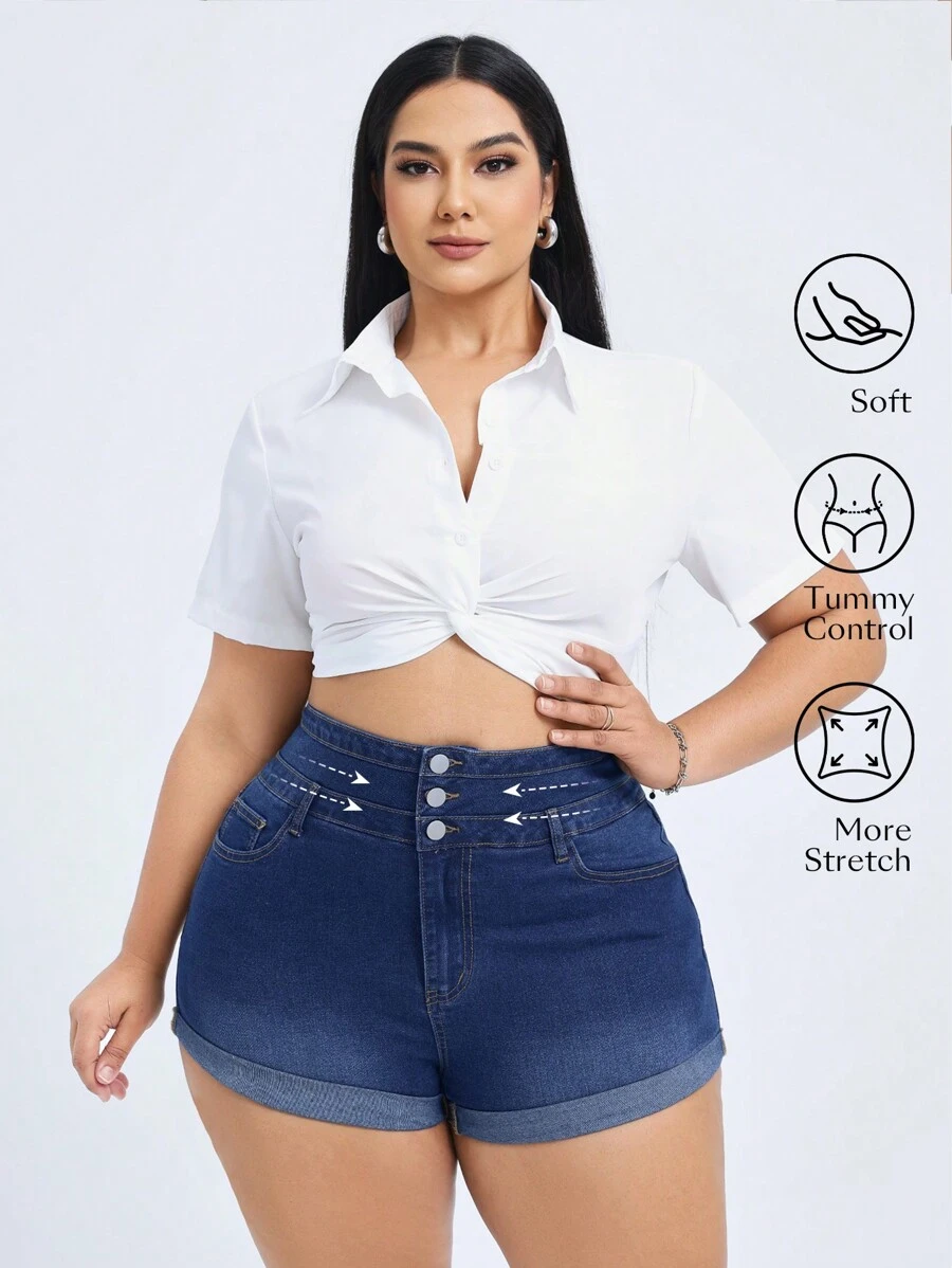 SHEIN EZwear Plus Size Women's Fashionable Denim Stretchy High Waist Design Sexy Folded Hem Shorts - Blue - View 1