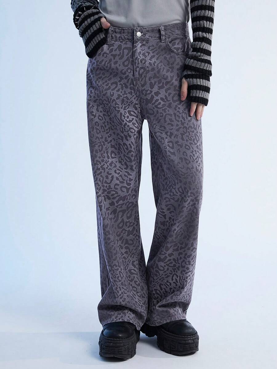 Manfinity Roghcode Y2K Retro Street Style Men's Leopard Print Wide Leg Baggy Jeans