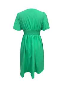 Chiquease Deep V-Neck Tie-Waist Short Vacation Dress - Green - View 2