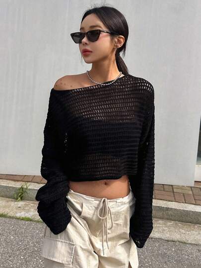 DAZY 纯色圆领透视长袖休闲毛衣套头衫，秋季女装