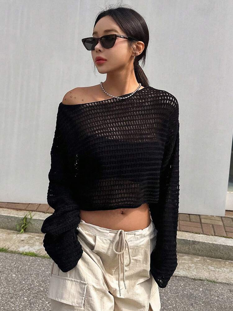 Solid Color Round Neck See-Through Long Sleeve Casual Sweater Pullover Sheer,Fall Women Clothes