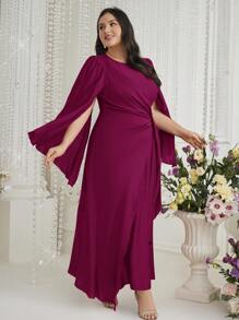 Modelyn Plus Size Women's Summer Solid Color Round Neck Split Casual Long Elegant Dress Long Evening Dresses - Hot Pink - View 5