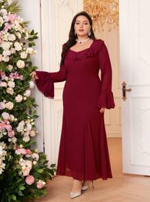 Modelyn Burgundy Red Plus Size Women's Solid Color Splice Ruffle Trim Flare Sleeve Long Elegant Arabic Clothing Long Evening Dresses - Burgundy - View 4