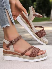 Brown Braided Wedge Sandals For Summer, With Thick Platform, Woven Sole, Ankle Strap, Boho Style, Perfect For Vacation, Sandals That Add Height - Brown - View 3