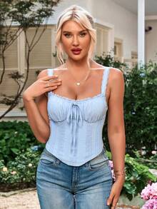 PARTHEA Tie Front Contrast Lace Ruched Crop Tank Top - Blue - View 4