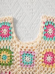 SHEIN LMoss Kids LMoss Tween Girl 休闲休闲钩针彩色无袖透明背心，度假风格 - 杏色 - 查看 3