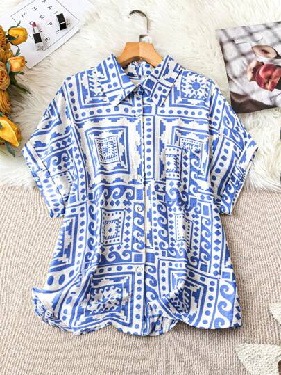 Breezaya 大码女式波西米亚风复古印花简约休闲衬衫，适合夏季