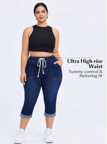 Flexra 大码弹力针织牛仔休闲百搭七分裤 - 深色水洗藍 - 查看 6