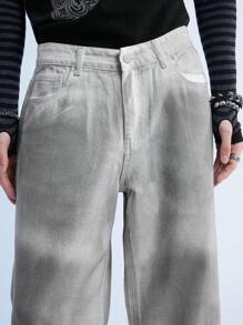 Manfinity Denimwave Y2K 复古街头风格男士不对称染色荒原宽松宽腿牛仔裤 - 黑與白 - 查看 6