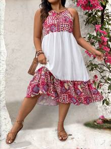 SHEIN LUNE Plus Size Women's Solid Color Printed Splice Simple Daily Dress Maxi Women Outfit - Multicolor - View 1