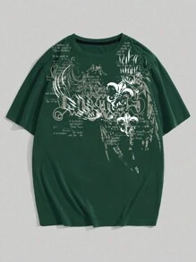 ROMWE MEN Goth 男士夏季休闲短袖 T 恤，带口号印花和圆领，学校 - 綠色 - 查看 1