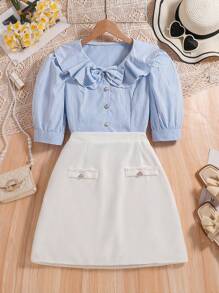 Teen Girls Simple Daily Wear Top And Skirt Set - Baby Blue - View 1