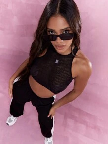 MISSGUIDED Embroidered Logo Sheer Ribbed Halter Neck Tank Top - Black - View 5