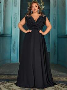 QOQ Simple Elegant Plus Size Summer Bridesmaid Gown Perfect Wedding Women Formal Dress For Wedding, Dinners, Beautiful Bridesmaids, Guest Solid Color Applique Plunge Neck Sleeveless Bridesmaid Long Dresses, For Valentine's Day - Black - View 5