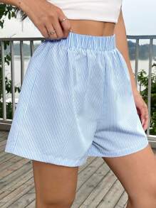 SHEIN EZwear 夏季休閒寬鬆藍條紋短褲 - 藍色 - 查看 4