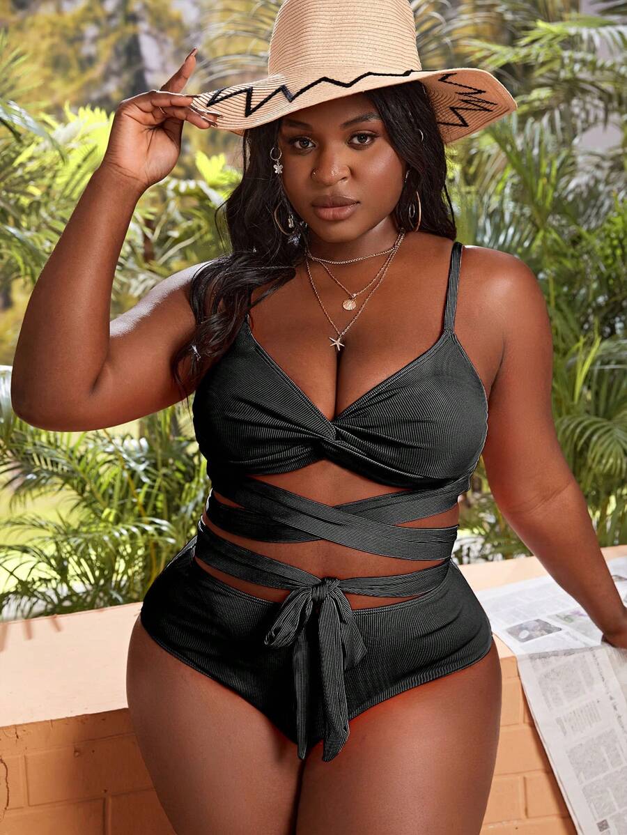 大码夏季纯色结带镂空沙滩比基尼套装夏季海滩 - 黑色 - 查看 1