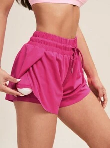 SHEIN Core Rhythm 女士抽绳纯色休闲运动短裤舒适短裤 - 玫紅色 - 查看 2