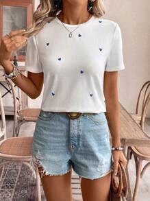 SHEIN Frenchy Women Thread Embroidery Heart Print Casual Daily Wear Short Sleeve T-Shirt,Summer T-Shirt Women T Shirts Cotton Tea Party Attire Embroidered Top White T-Shirt Summer Tops Cotton Thanks Giving - Blue and White - View 5