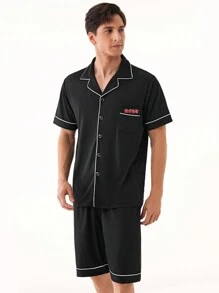 Men's Cartoon Print Single-Breasted Short Sleeve Shirt And Shorts Casual Homewear Set, Summer - Black - View 8