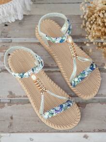 WRCVS 女士銀色編織平底涼鞋，輕量防滑海灘鞋，編織圖案和波西米亞花卉設計，顏色隨機