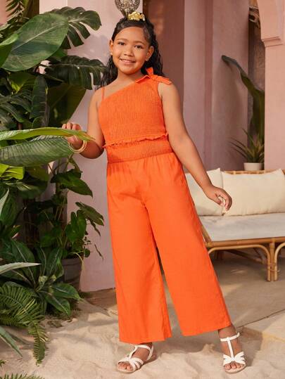 SHEIN Tween Girls Extended Size Solid Color Woven One Shoulder Tank Top With Straight Leg Pants, Vacation & Casual Wear, Spring/Summer