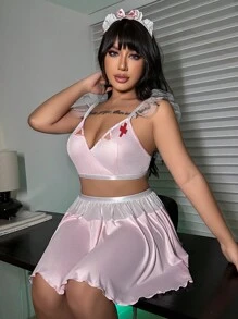 SHEIN 加大號鑲邊透視文胸和丁字褲套裝連裙子，性感表演服裝 - 粉色 - 查看 3