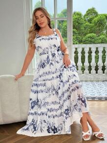 Celure Plus Size Elegant Spaghetti Strap Chiffon Floral Printed Dress With Big Hem For Summer