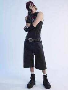 Manfinity Denimwave Y2K復古街頭風男士鬆身PU牛仔短褲 JORTS - 黑色 - 查看 3