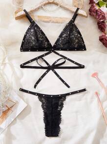 SHEIN Bộ đồ lót hình tam giác và áo ngực có dây buộc màu trơn dành cho nữ - màu đen - Xem 1