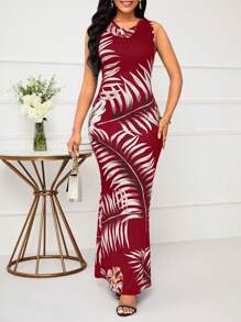 SHEIN Lady Vestido ajustado de fiesta de Navidad con estampado de plantas de vacaciones