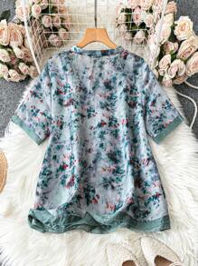 SHEIN LUNE Plus Size Tie-Dye Vacation & Casual Shirt With Notch Neckline, Linen-Like Fabric