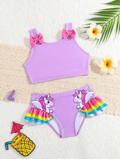 Ung flicka Enkelt Tryck Bikini Set med rosett Dekor Summer Beach