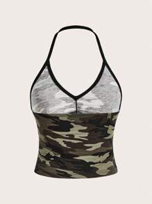 SHEIN EZwear Top de cuello halter con estampado camuflaje primaveral y fruncido