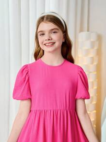 Vestido elegante para niña preadolescente con mangas cortas plisadas, de unicolor y cuello redondo, para primavera y verano - Morado - Ver 6