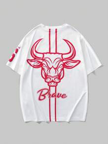Manfinity LEGND Camiseta de verano informal para hombres de talla grande con estampado gráfico de letra y cabeza de toro, manga corta, cuello redondo, para salir y usar en la calle